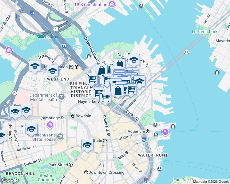 map of restaurants, bars, coffee shops, grocery stores, and more near 21 Cooper Street in Boston