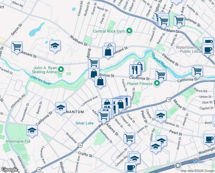map of restaurants, bars, coffee shops, grocery stores, and more near 55 Chapel Street in Newton