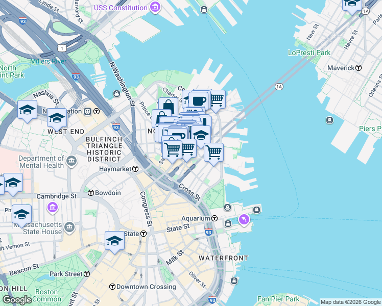 map of restaurants, bars, coffee shops, grocery stores, and more near 11 North Square in Boston