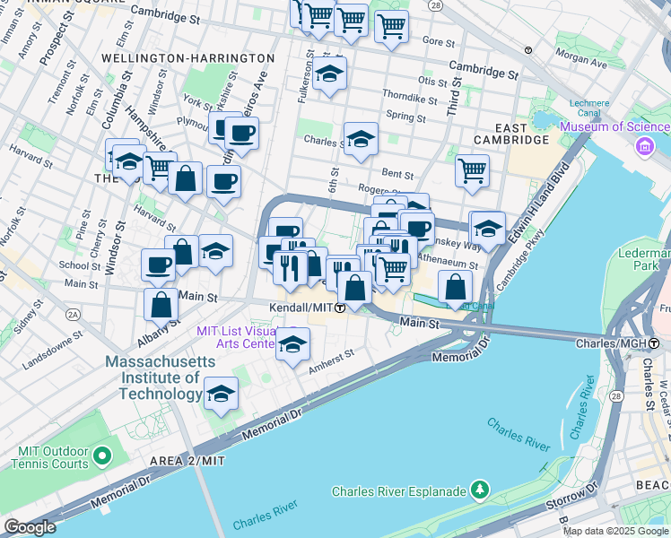 map of restaurants, bars, coffee shops, grocery stores, and more near 55 Broadway in Cambridge