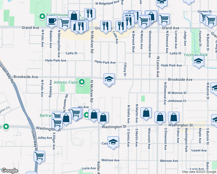 map of restaurants, bars, coffee shops, grocery stores, and more near 2325 Brookside Avenue in Waukegan