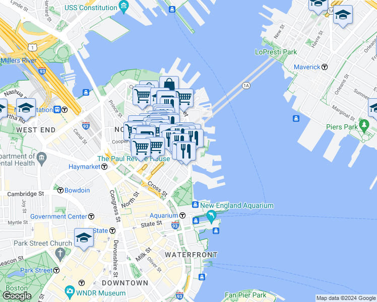 map of restaurants, bars, coffee shops, grocery stores, and more near in Boston