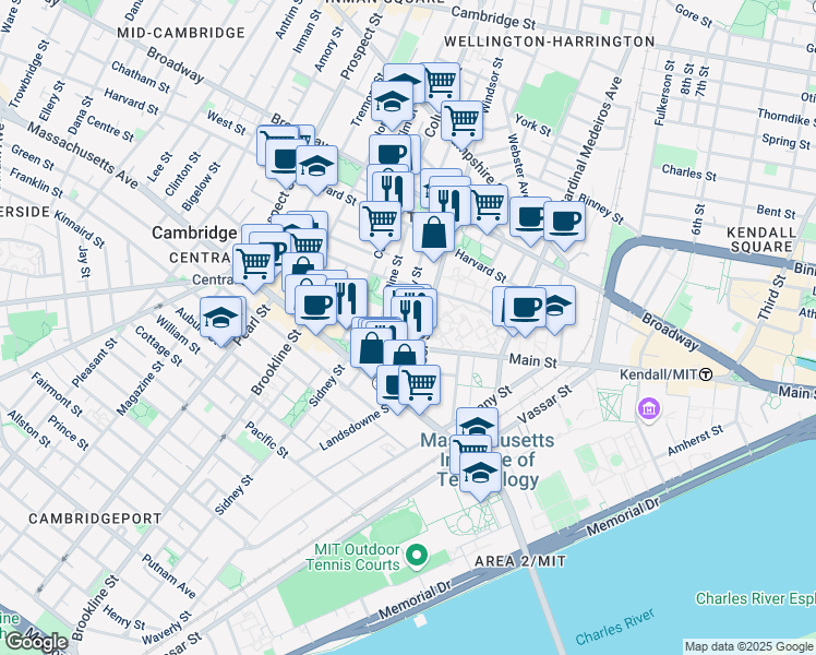 map of restaurants, bars, coffee shops, grocery stores, and more near 119 Windsor Street in Cambridge