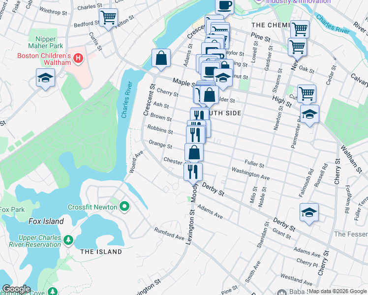 map of restaurants, bars, coffee shops, grocery stores, and more near 85 Robbins Street in Waltham