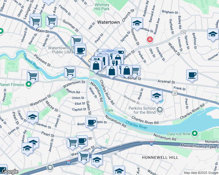 map of restaurants, bars, coffee shops, grocery stores, and more near 22 Riverside Street in Watertown