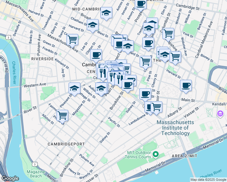 map of restaurants, bars, coffee shops, grocery stores, and more near in Cambridge