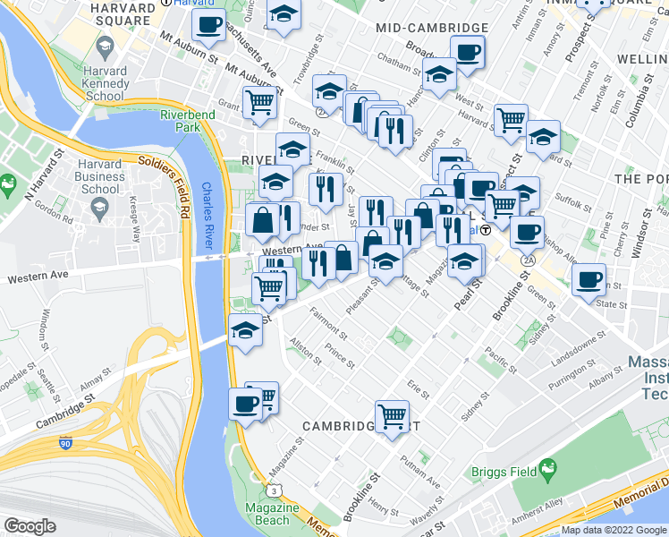 map of restaurants, bars, coffee shops, grocery stores, and more near 22 Howard Street in Cambridge