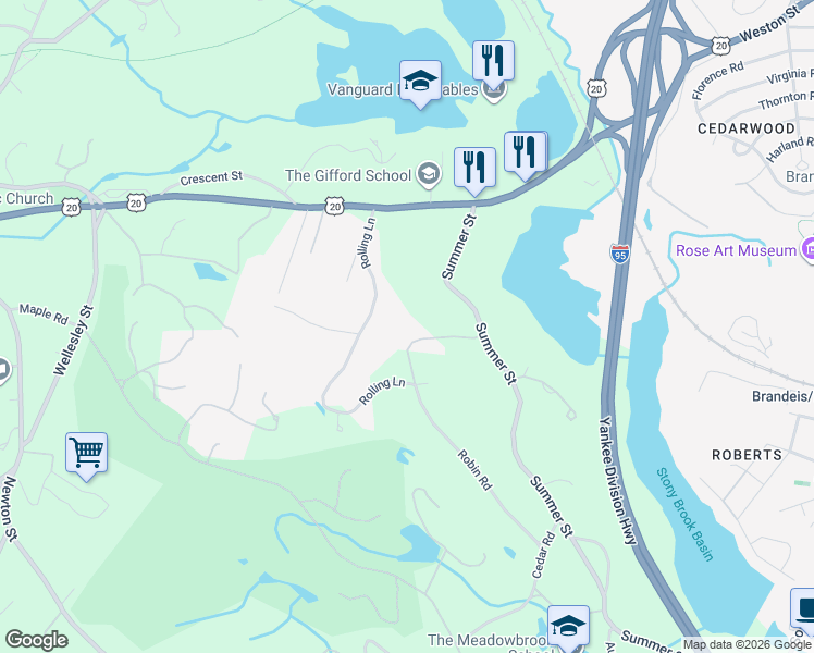 map of restaurants, bars, coffee shops, grocery stores, and more near 110 Robin Road in Weston