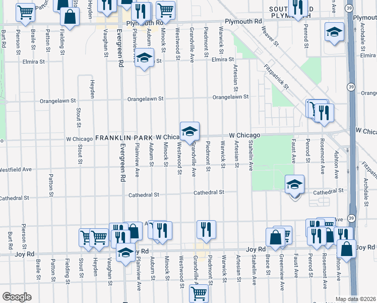 map of restaurants, bars, coffee shops, grocery stores, and more near 19321 West Chicago Street in Detroit