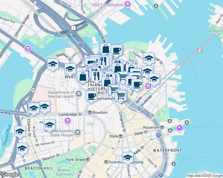 map of restaurants, bars, coffee shops, grocery stores, and more near 1 Canal Street in Boston