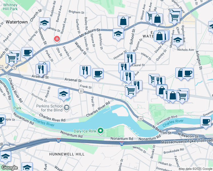 map of restaurants, bars, coffee shops, grocery stores, and more near 305 Arsenal Street in Watertown