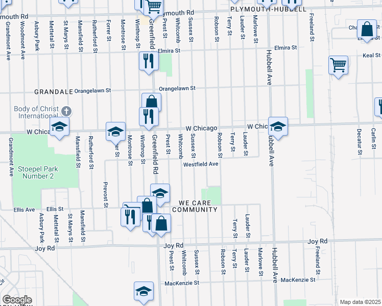 map of restaurants, bars, coffee shops, grocery stores, and more near 9387 Sussex Street in Detroit