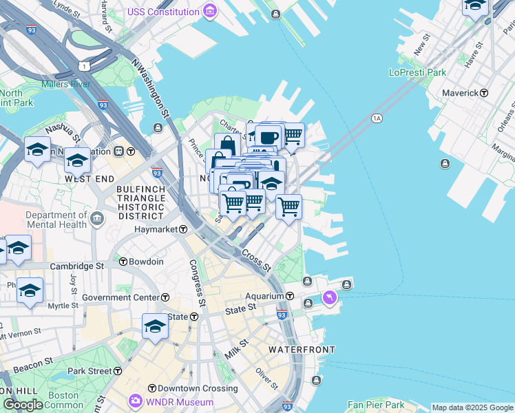 map of restaurants, bars, coffee shops, grocery stores, and more near 11 North Square in Boston