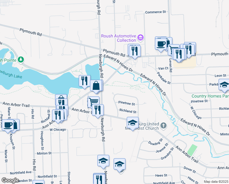 map of restaurants, bars, coffee shops, grocery stores, and more near 36772 Angeline Circle in Livonia