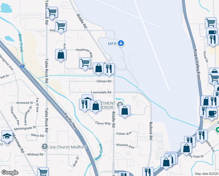 map of restaurants, bars, coffee shops, grocery stores, and more near 3289 Biddle Rd in Medford