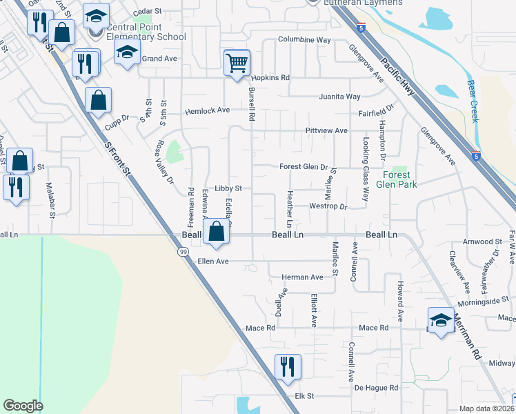 map of restaurants, bars, coffee shops, grocery stores, and more near 3316 Bursell Road in Central Point