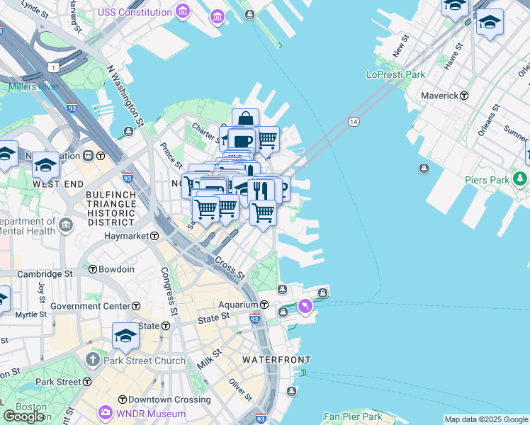 map of restaurants, bars, coffee shops, grocery stores, and more near 302-304 North Street in Boston