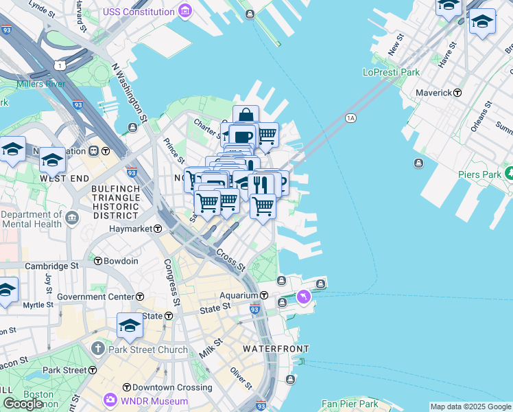 map of restaurants, bars, coffee shops, grocery stores, and more near 302-304 North Street in Boston