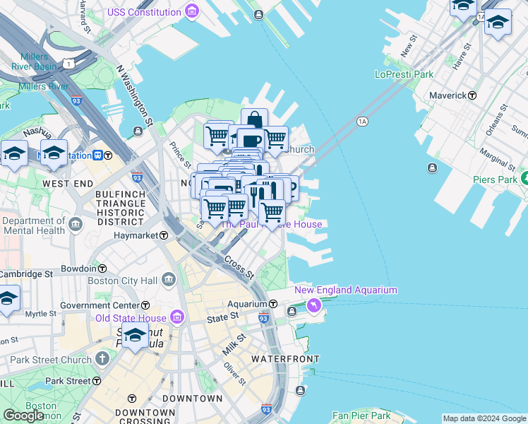 map of restaurants, bars, coffee shops, grocery stores, and more near 302-304 North Street in Boston