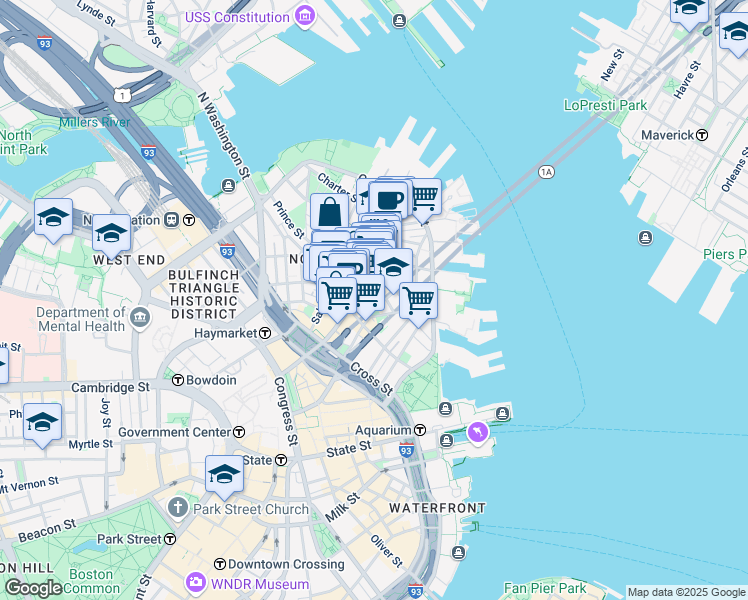 map of restaurants, bars, coffee shops, grocery stores, and more near 15-17 North Square in Boston