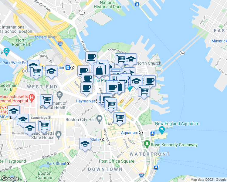 map of restaurants, bars, coffee shops, grocery stores, and more near 21 Cooper Street in Boston