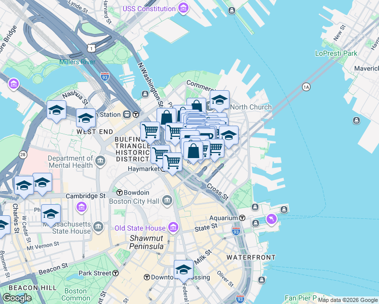 map of restaurants, bars, coffee shops, grocery stores, and more near 21 Cooper Street in Boston