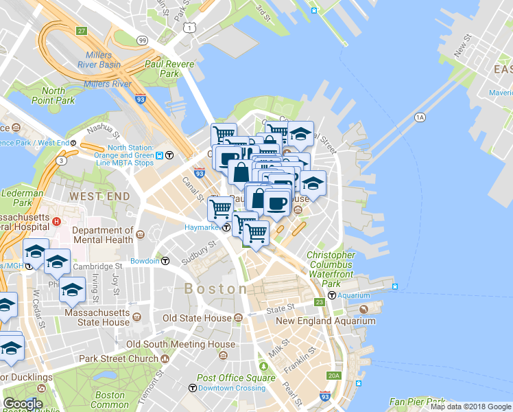 map of restaurants, bars, coffee shops, grocery stores, and more near 21 Cooper Street in Boston