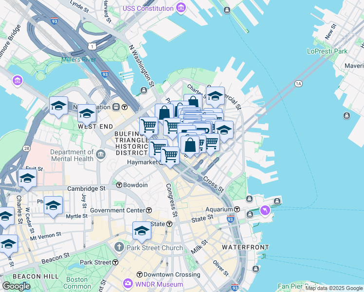 map of restaurants, bars, coffee shops, grocery stores, and more near 21 Cooper Street in Boston
