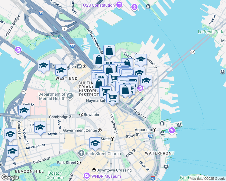 map of restaurants, bars, coffee shops, grocery stores, and more near 49 North Washington Street in Boston