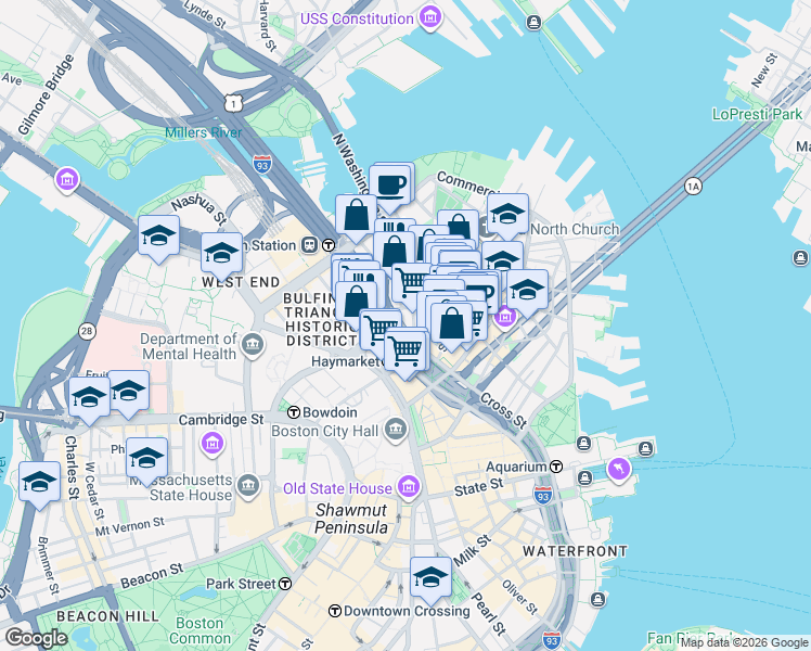 map of restaurants, bars, coffee shops, grocery stores, and more near 49 North Washington Street in Boston