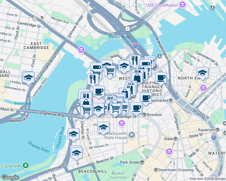 map of restaurants, bars, coffee shops, grocery stores, and more near 78 Hawthorne Place in Boston