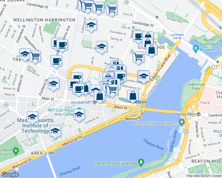 map of restaurants, bars, coffee shops, grocery stores, and more near 295 Third Street in Cambridge