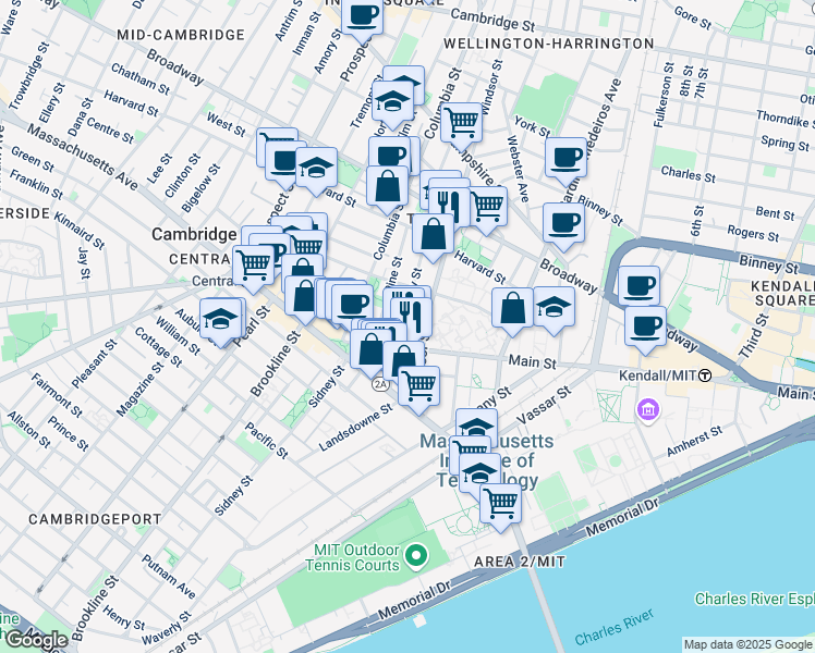 map of restaurants, bars, coffee shops, grocery stores, and more near 119 Windsor Street in Cambridge