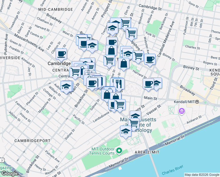 map of restaurants, bars, coffee shops, grocery stores, and more near 23 Pine Street in Cambridge