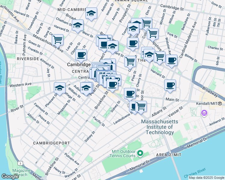 map of restaurants, bars, coffee shops, grocery stores, and more near 70 Bishop Allen Drive in Cambridge