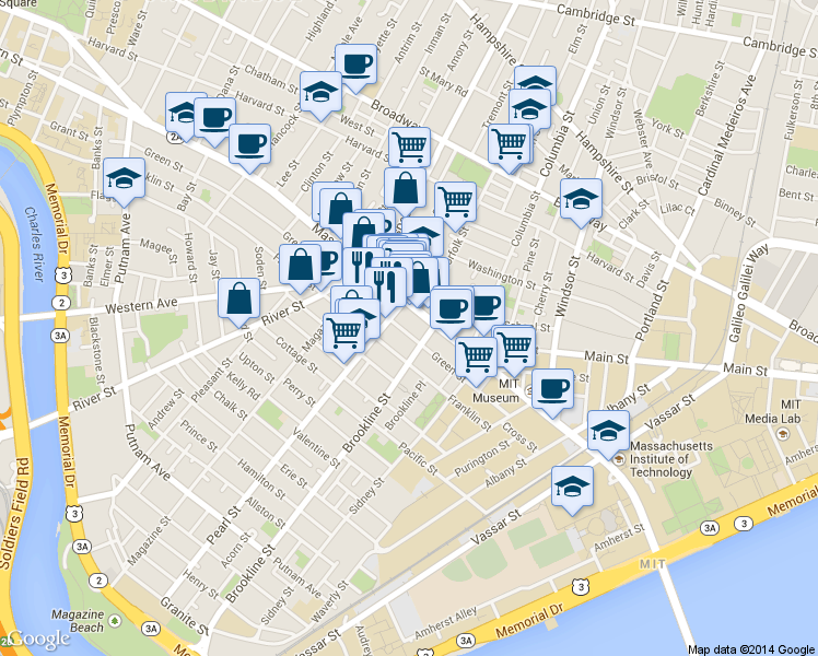 map of restaurants, bars, coffee shops, grocery stores, and more near in Cambridge