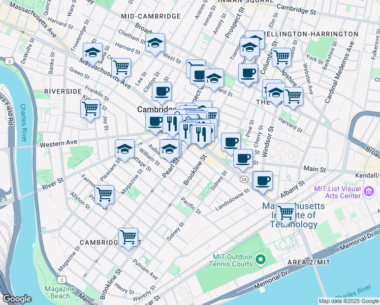map of restaurants, bars, coffee shops, grocery stores, and more near in Cambridge