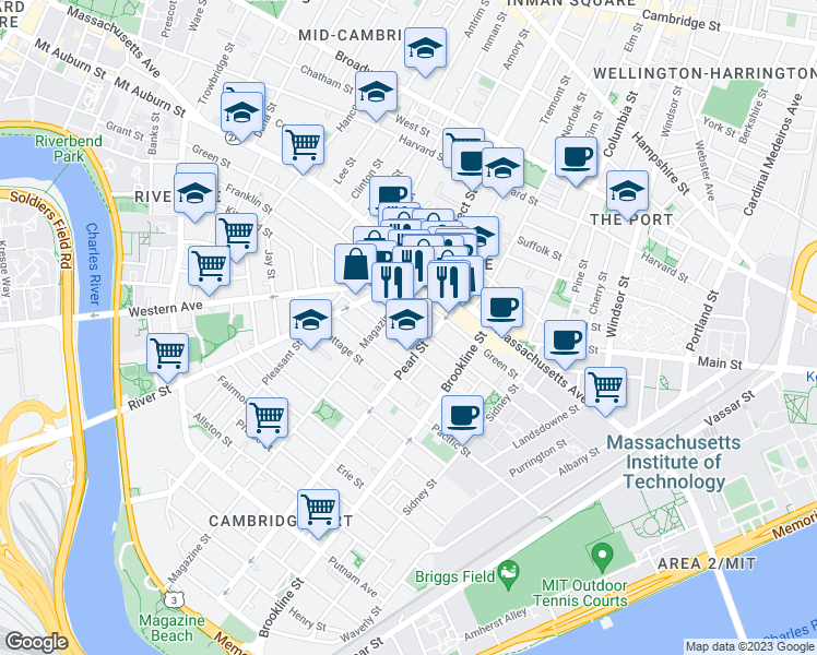 map of restaurants, bars, coffee shops, grocery stores, and more near 296 Green Street in Cambridge