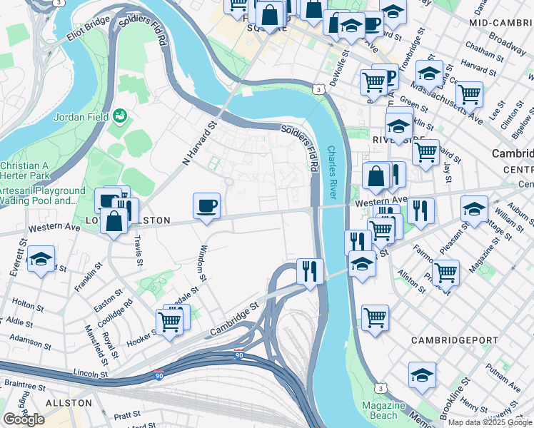 map of restaurants, bars, coffee shops, grocery stores, and more near 1 Western Avenue in Boston