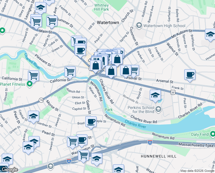 map of restaurants, bars, coffee shops, grocery stores, and more near 21 North Beacon Street in Watertown