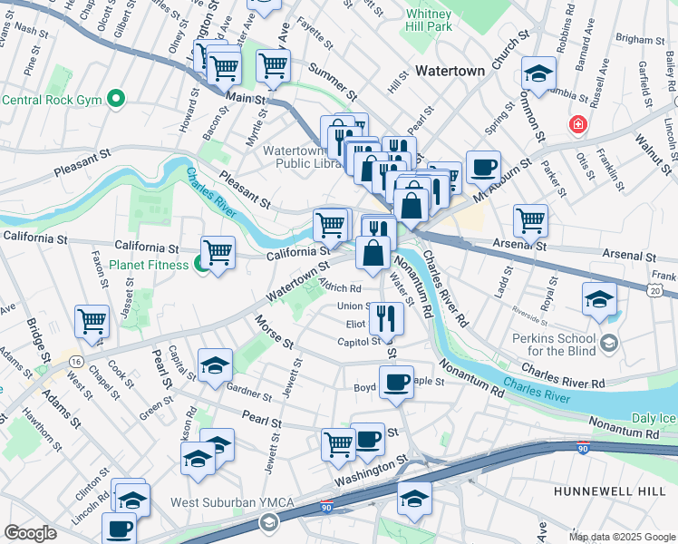 map of restaurants, bars, coffee shops, grocery stores, and more near 51 Watertown Street in Watertown