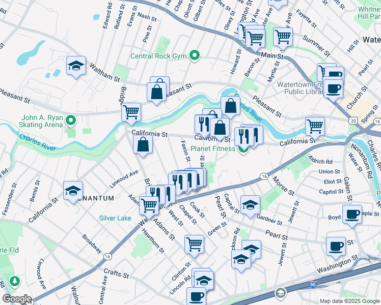 map of restaurants, bars, coffee shops, grocery stores, and more near 260 California Street in Newton