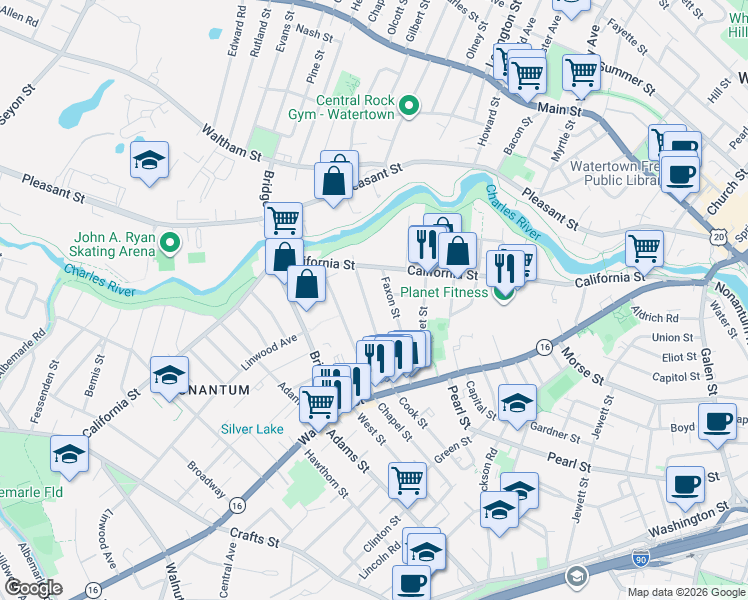 map of restaurants, bars, coffee shops, grocery stores, and more near 16 Dalby Street in Newton