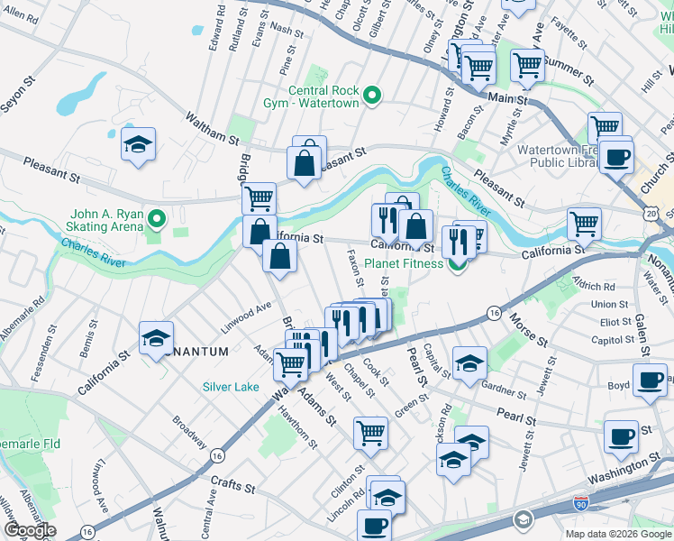map of restaurants, bars, coffee shops, grocery stores, and more near 16 Dalby Street in Newton