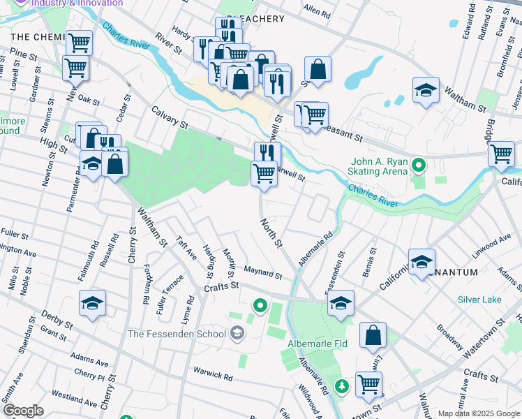 map of restaurants, bars, coffee shops, grocery stores, and more near 161 North Street in Newton