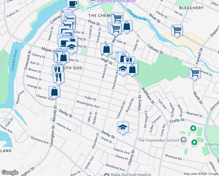 map of restaurants, bars, coffee shops, grocery stores, and more near 266 Ash Street in Waltham