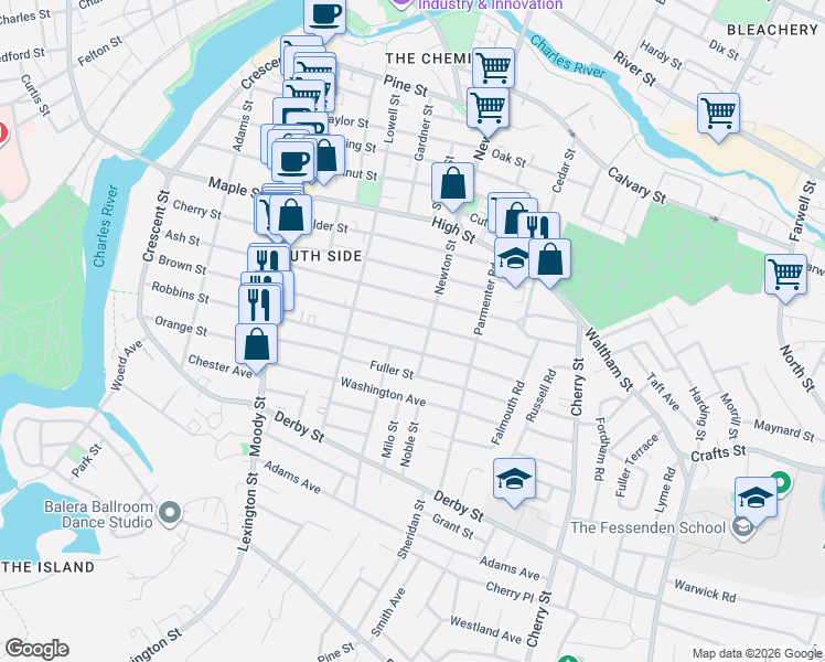 map of restaurants, bars, coffee shops, grocery stores, and more near 206 Brown Street in Waltham