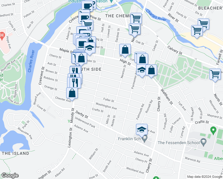 map of restaurants, bars, coffee shops, grocery stores, and more near 206 Brown Street in Waltham