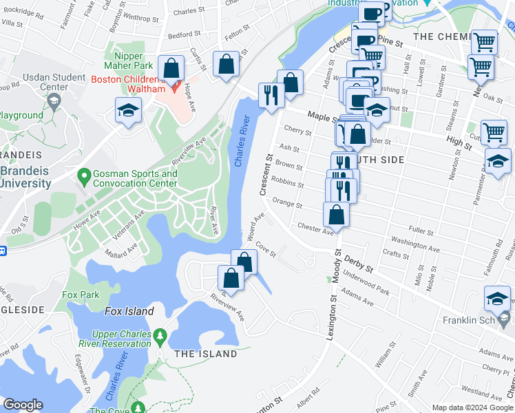 map of restaurants, bars, coffee shops, grocery stores, and more near 285 Crescent Street in Waltham