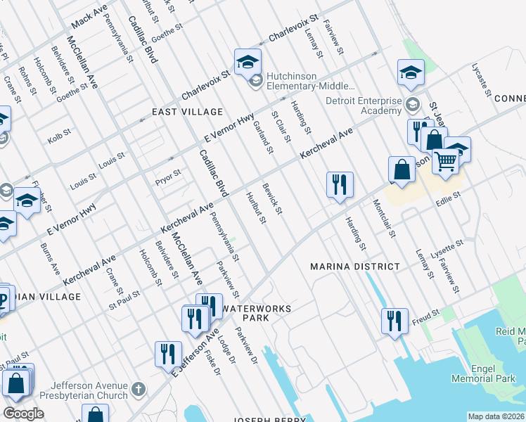 map of restaurants, bars, coffee shops, grocery stores, and more near 1561 Bewick Street in Detroit